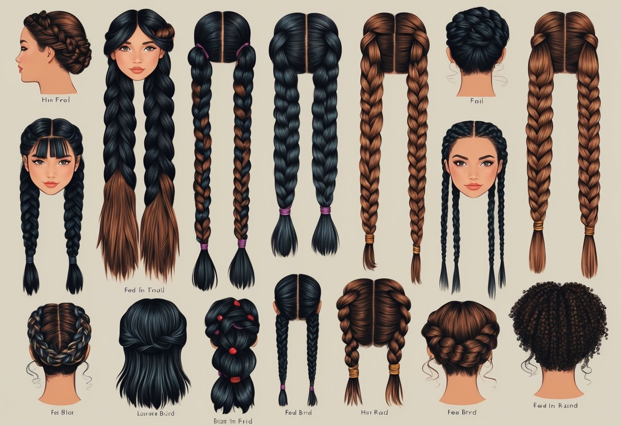 A diverse array of hair textures and lengths arranged in intricate feed-in braid styles
