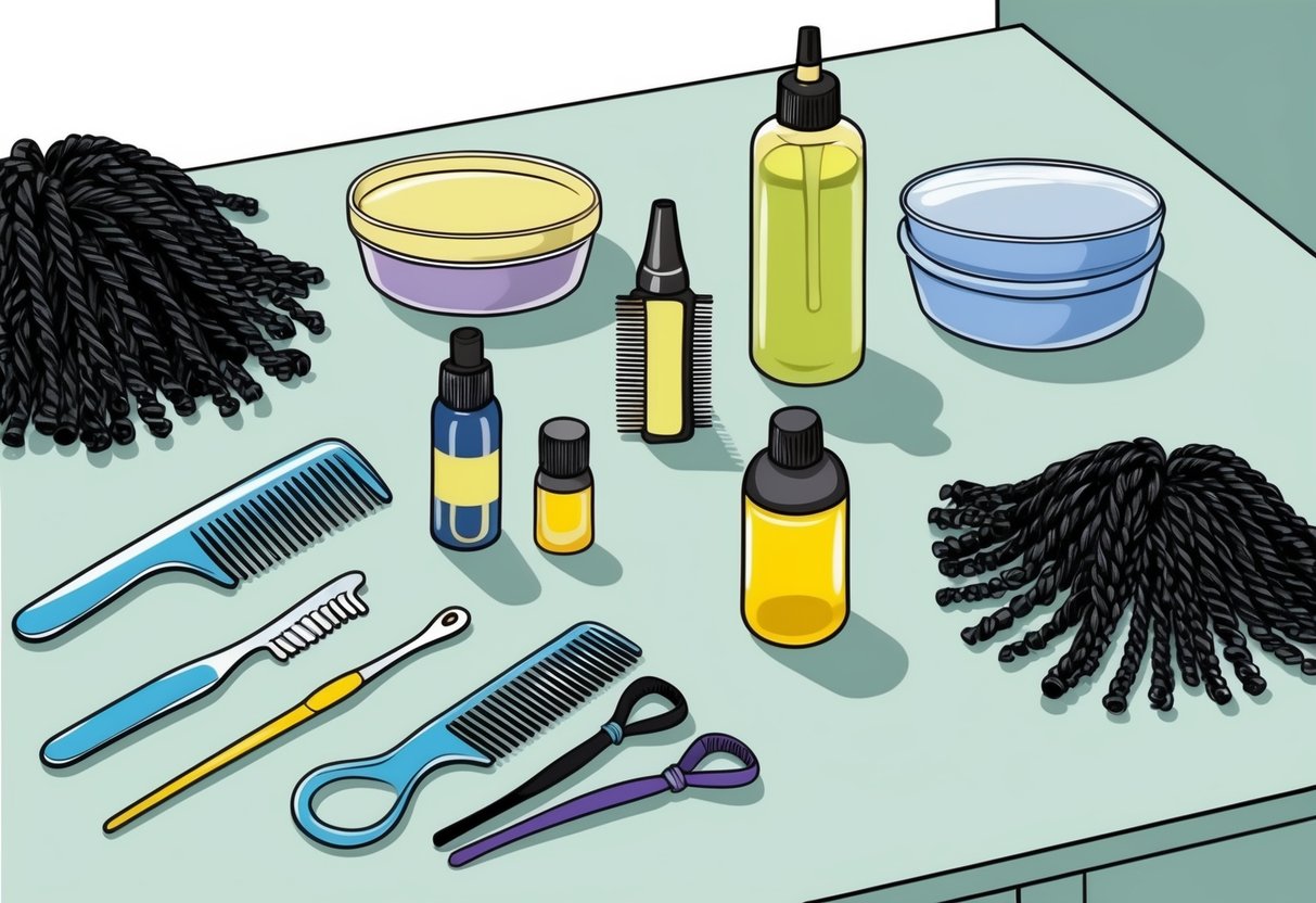 A table with various hair care products and tools for feed-in braid maintenance, including combs, oils, and hair ties, displayed on a clean, organized surface
