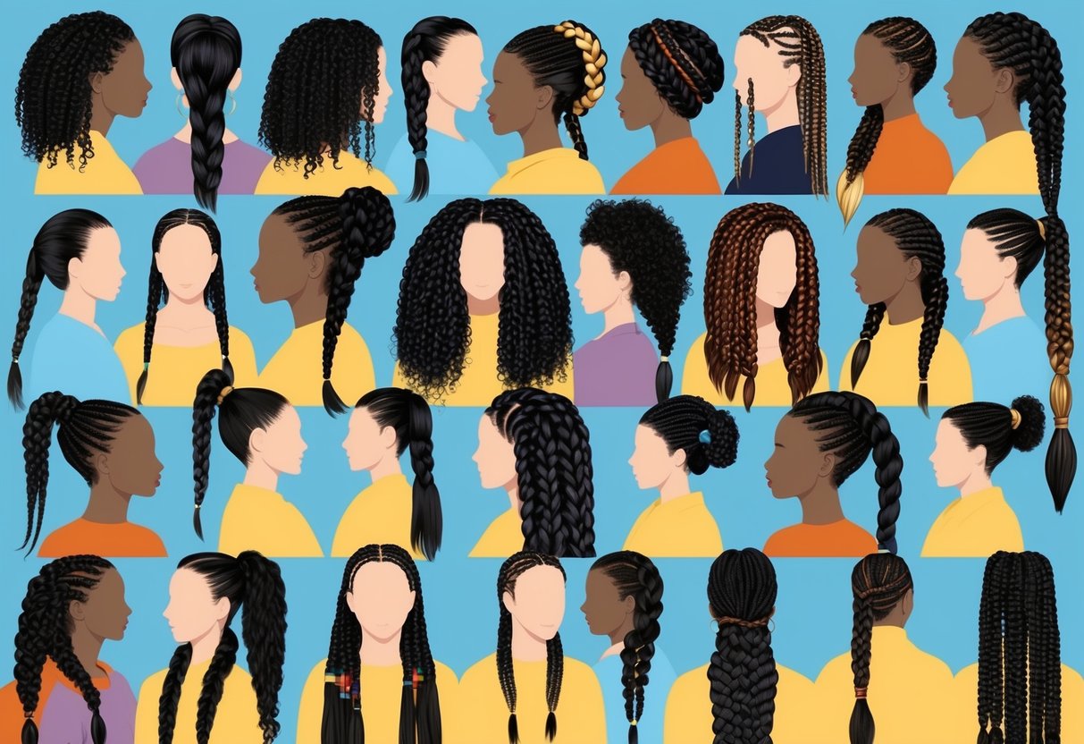 A diverse array of feed-in braid styles on display, showcasing various hair lengths and textures, representing the emerging trends in braiding