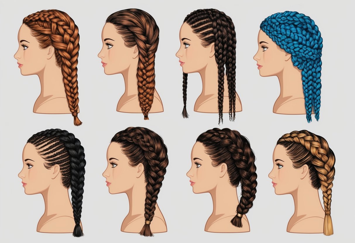 A variety of braided hairstyles displayed on mannequin heads, showcasing different lengths and textures of hair