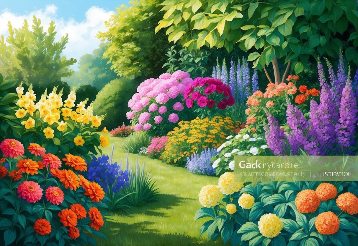 A lush garden with flowers in various vibrant colors, reflecting the natural undertones of the surrounding foliage