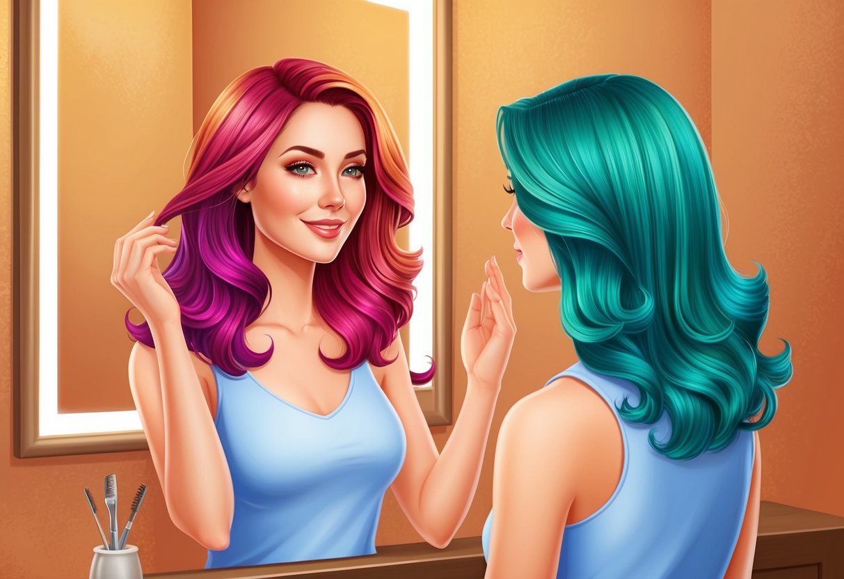 A woman with vibrant hair colors stands in front of a mirror, examining how the colors enhance her natural undertones. The warm glow of her complexion complements the rich hues of her hair