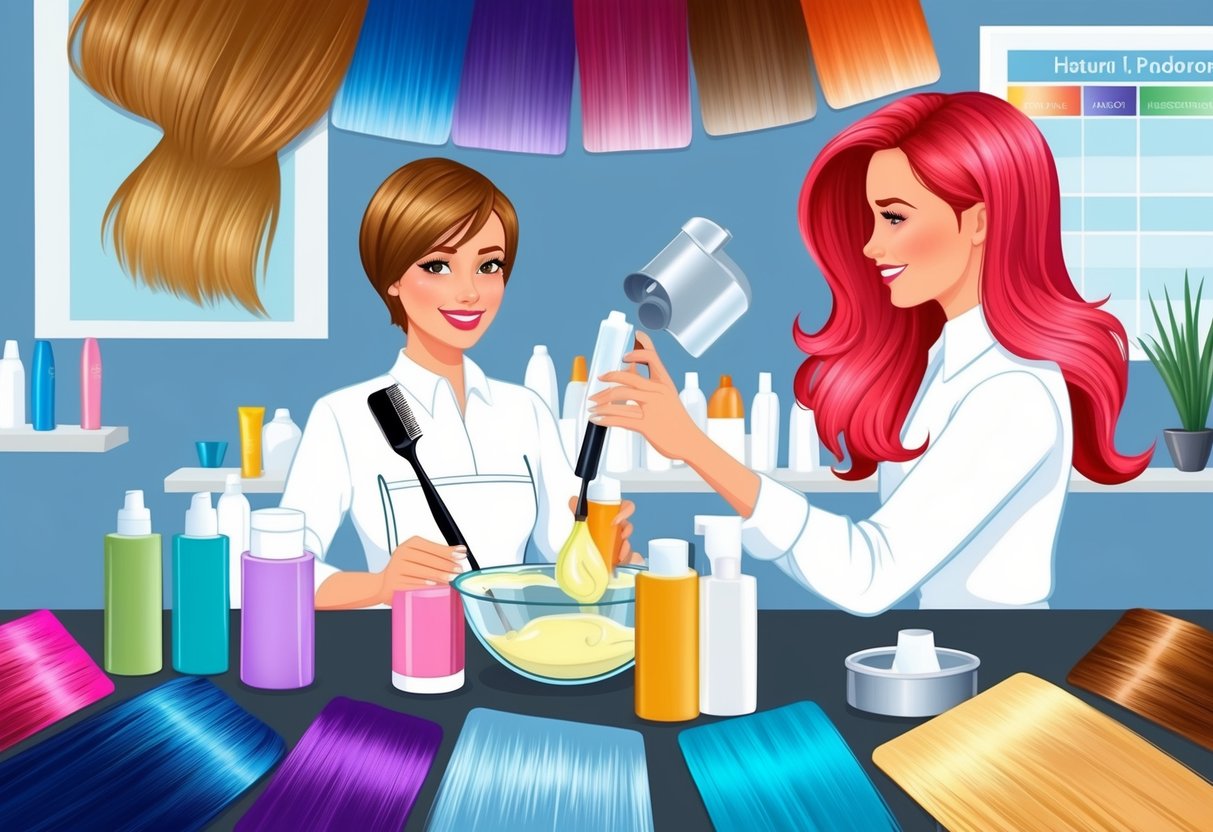 A hairstylist mixing toning products in a salon, surrounded by vibrant hair color swatches and natural undertone charts