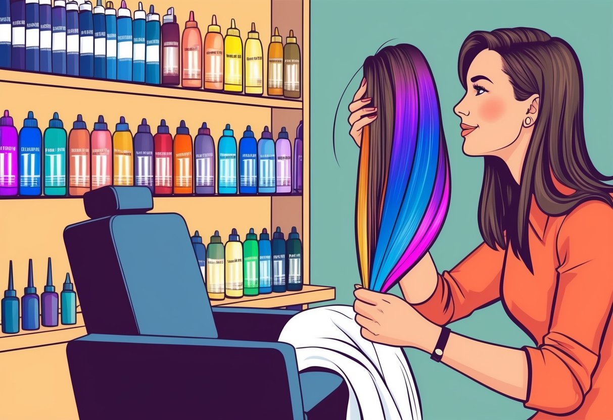 A salon chair surrounded by shelves of colorful hair dye bottles and swatches of vibrant hair colors. A stylist holds up a strand of hair, examining the natural undertones