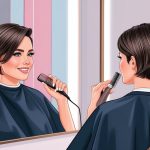 A stylish woman getting a chic short haircut at a modern salon. Mirror reflection shows her fresh, low commitment style transformation