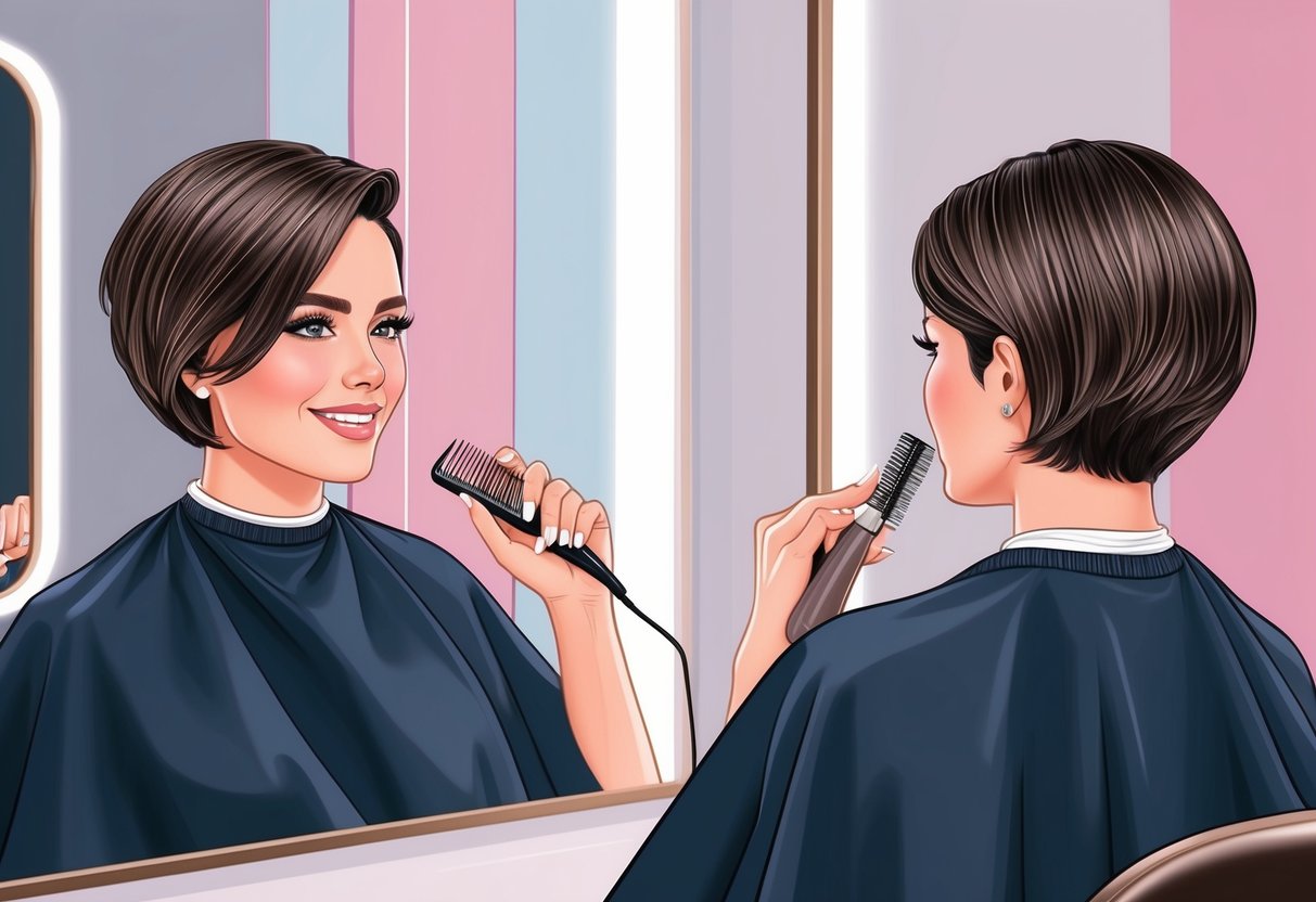 A stylish woman getting a chic short haircut at a modern salon. Mirror reflection shows her fresh, low commitment style transformation