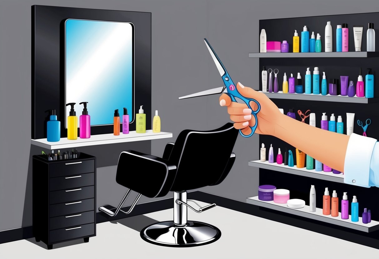 A sleek, modern salon chair with a mirror, surrounded by shelves of colorful hair products and styling tools. A stylist's hand reaches for a pair of scissors