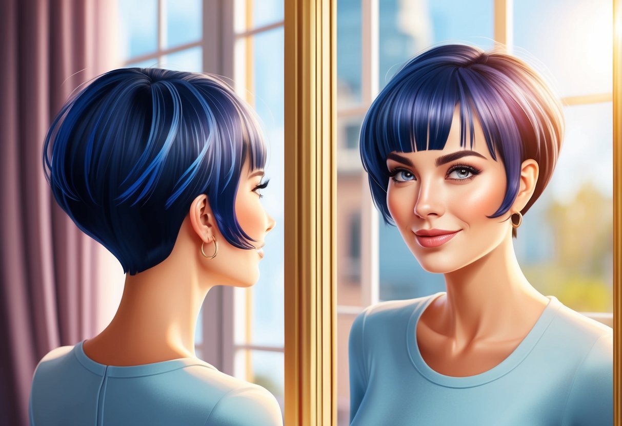 A woman with chic short hair stands in front of a mirror, admiring her new creative bangs. The sunlight filters through the window, casting a soft glow on her stylish transformation