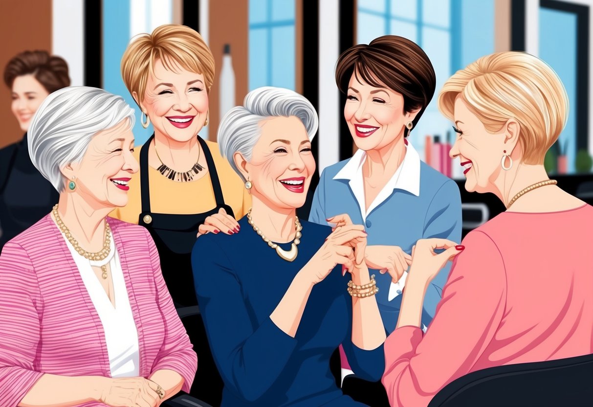 A group of older women with chic short haircuts chatting and laughing at a stylish salon