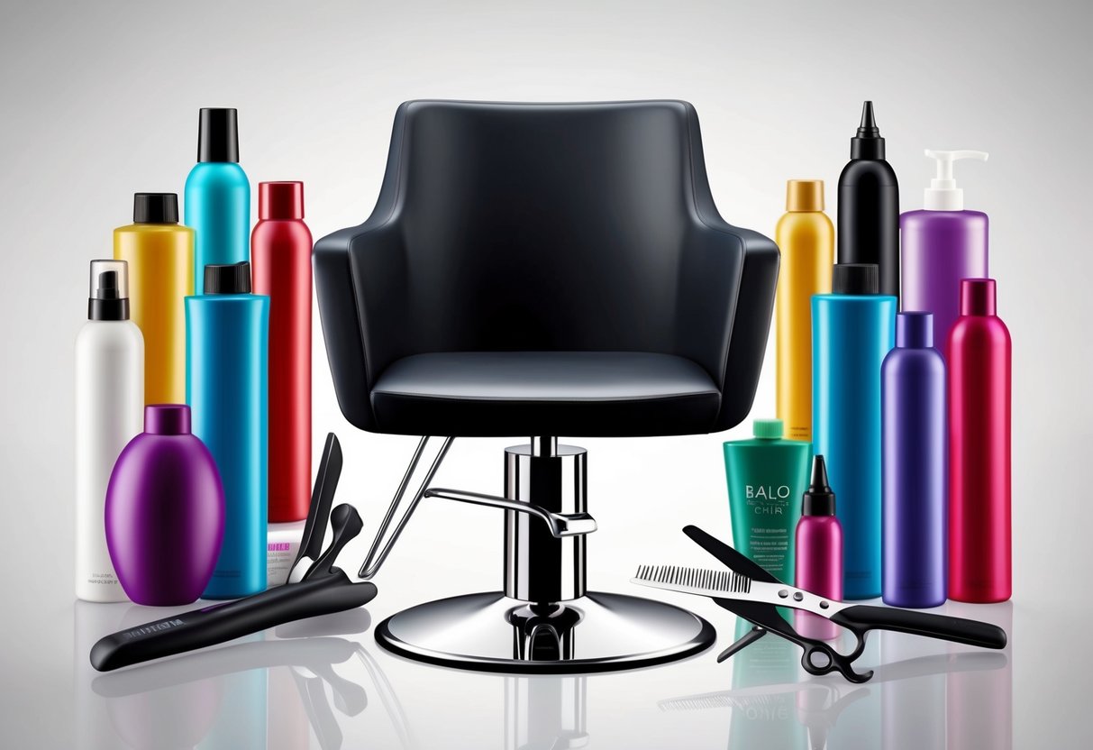 A sleek salon chair with a vibrant array of hair dye bottles, surrounded by modern hair cutting tools and styling products