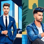 A stylish man with a modern haircut, wearing a suit in a professional setting, while also sporting a casual look with a trendy hairstyle in a relaxed environment
