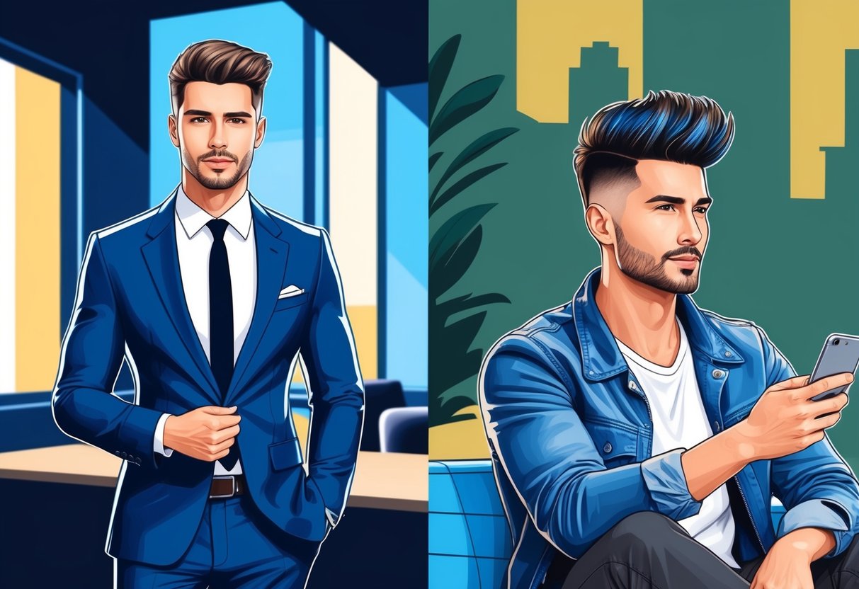 A stylish man with a modern haircut, wearing a suit in a professional setting, while also sporting a casual look with a trendy hairstyle in a relaxed environment