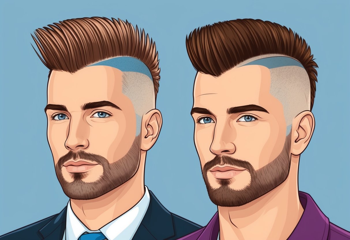 A man with a mohawk and another with a fauxhawk standing side by side, showcasing their modern hairstyles for professional and casual looks