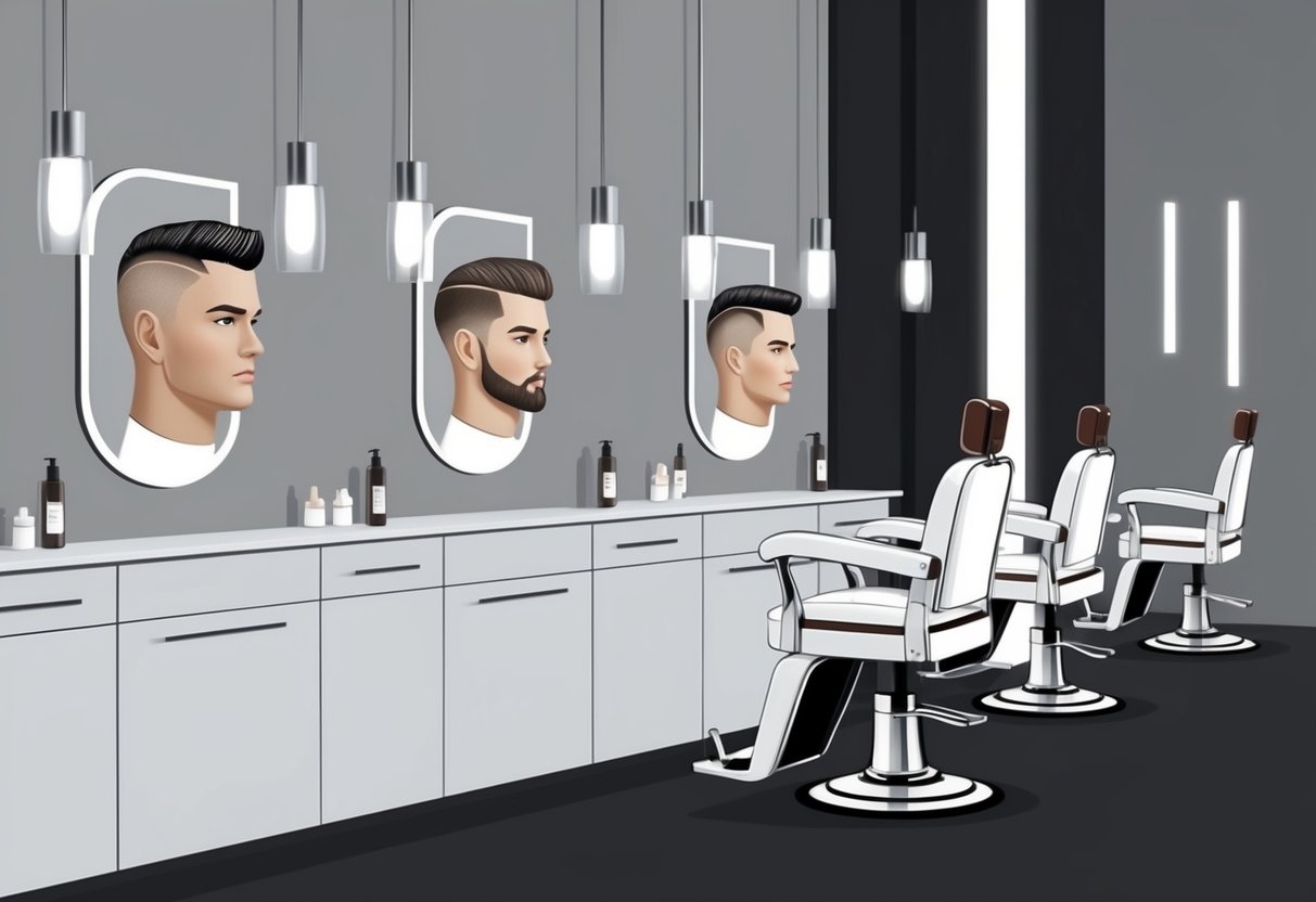 A modern barbershop with sleek, minimalist decor. Stylish male mannequins display disconnected and undercut hairstyles