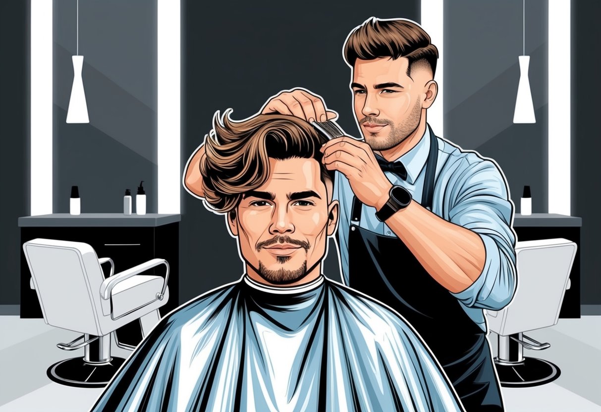 A man with thick and wavy hair sits in a modern barbershop chair, surrounded by sleek, minimalist decor. The barber expertly crafts his hair into a stylish, versatile look suitable for both professional and casual settings