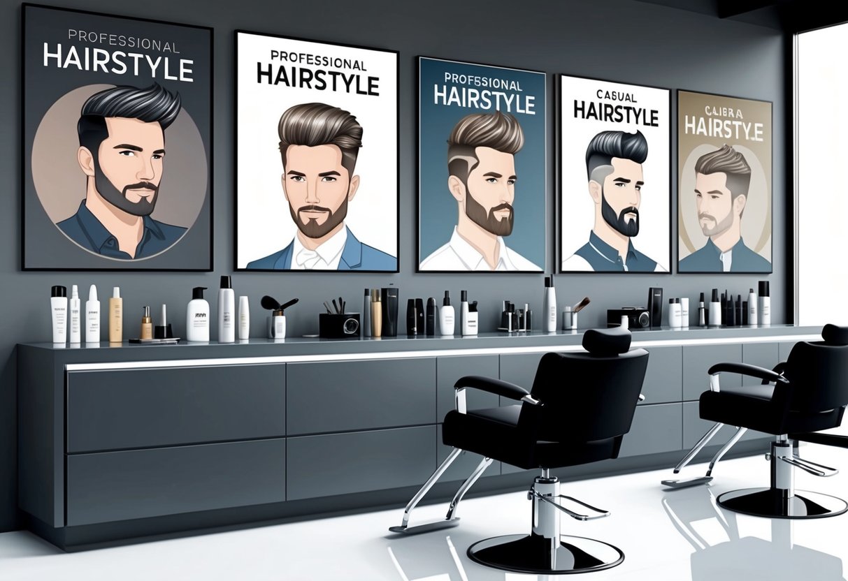 A modern men's hairstyle salon scene with various styling products and tools displayed on a sleek counter, alongside posters showcasing different professional and casual hairstyle trends