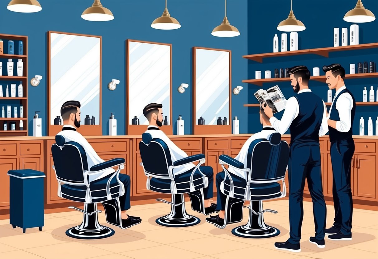 A barber shop with stylish chairs, mirrors, and shelves displaying various hair products. Customers and barbers engage in conversation while looking at hairstyle magazines