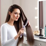A woman's long hair being gently brushed and styled with various hair care products on a clean, clutter-free vanity table