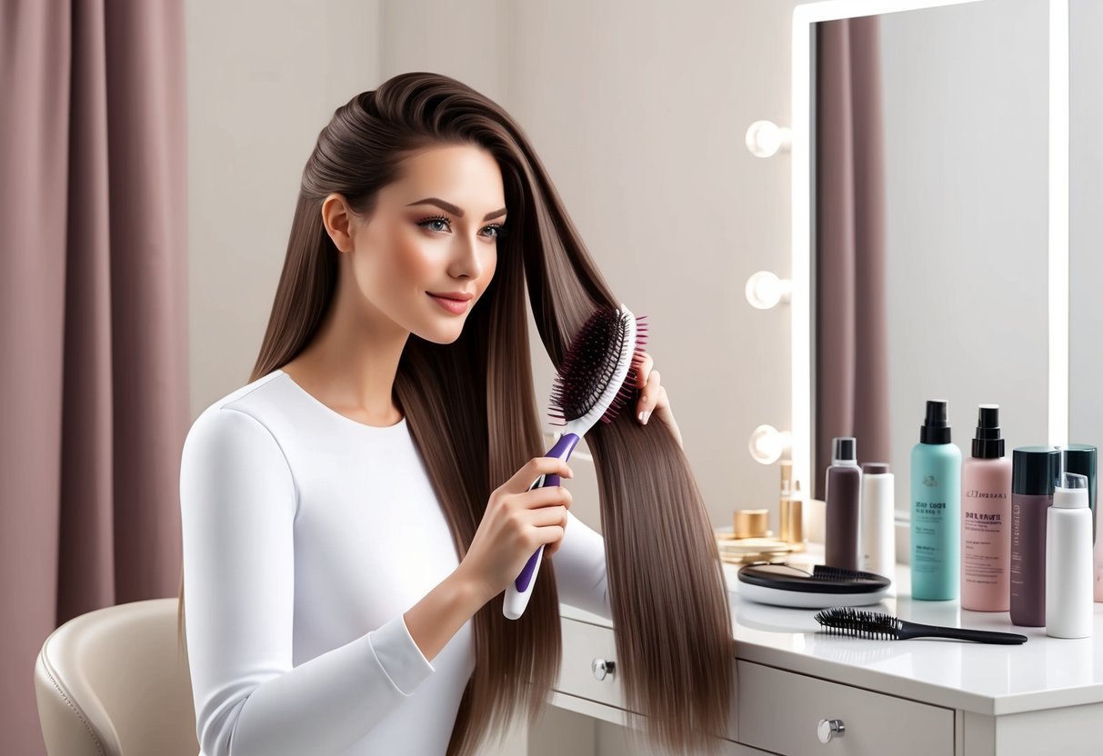 A woman's long hair being gently brushed and styled with various hair care products on a clean, clutter-free vanity table