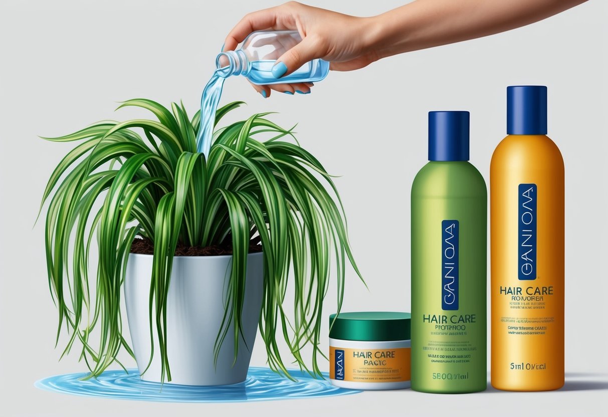A woman's hand pouring water onto a lush, green plant with long, flowing strands, surrounded by bottles of hair care products