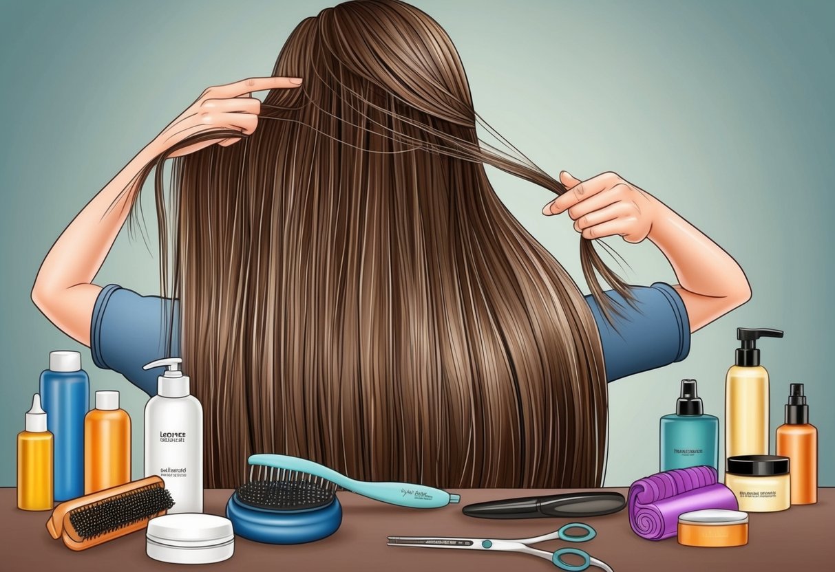 A woman's long hair being gently detangled and styled with care, surrounded by various hair care products and tools