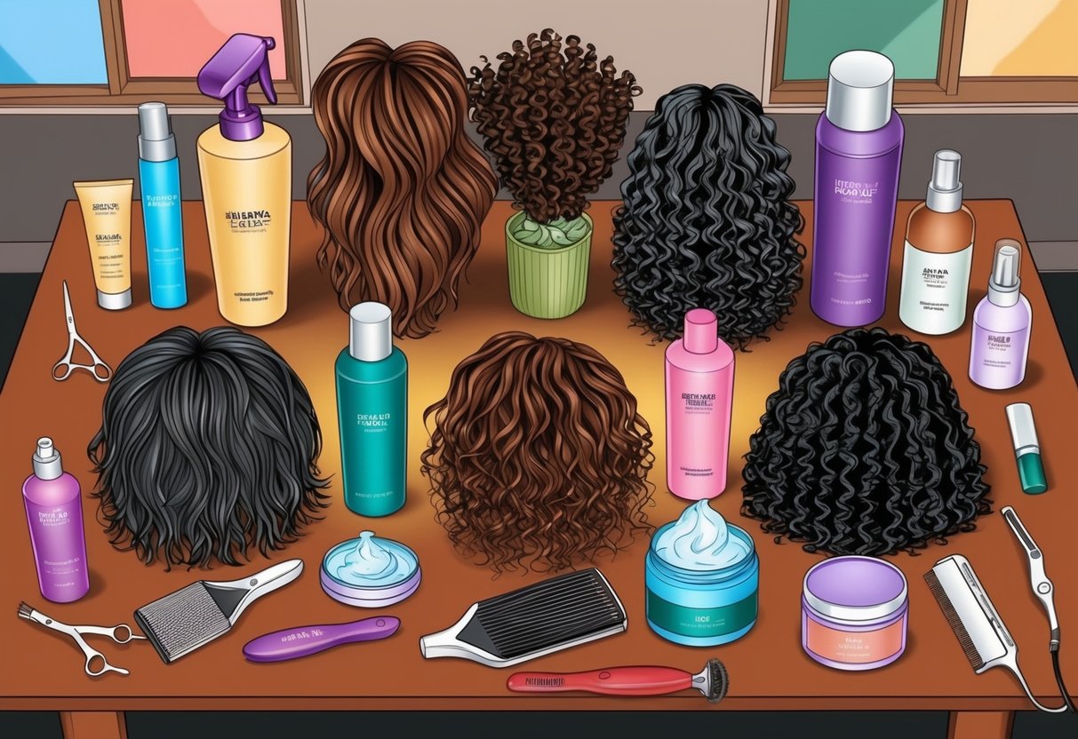 A variety of hair textures arranged on a table, with various hair care products and styling tools surrounding them
