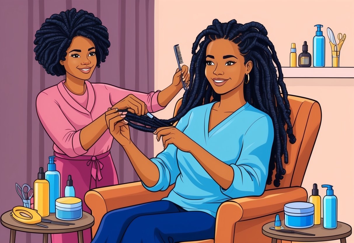 A woman with locs sits in a cozy chair surrounded by hair care products and tools. Her hair is being gently styled and cared for by skilled hands