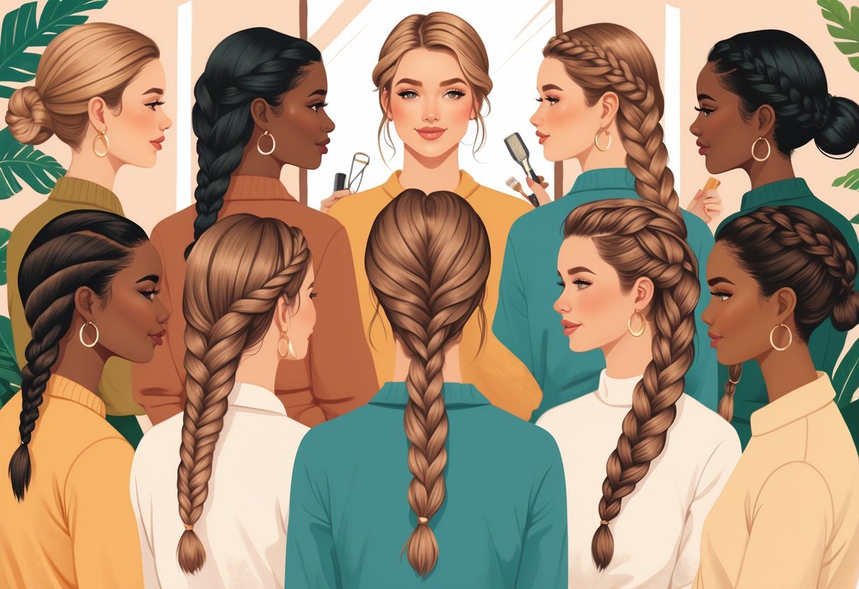 Six women with different braided hairstyles standing together in a bright room, smiling and showing their hair.