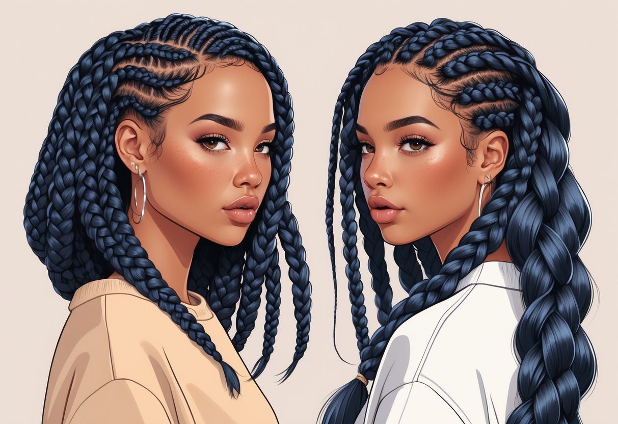 Two women with different braided hairstyles, one with medium box braids and the other with thick jumbo braids, standing side by side against a simple background.