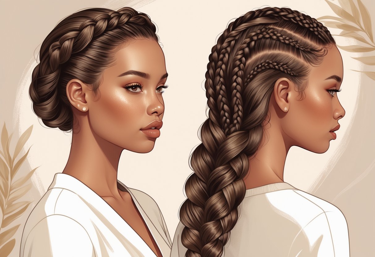 Two women with elegant braided hairstyles posing against a soft neutral background.