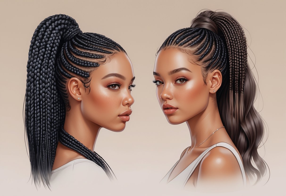 Two women with micro braids, one with the braids loose and the other with a high ponytail, shown from the shoulders up against a plain background.