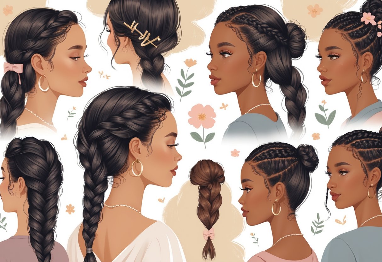 A group of women showing different simple braided hairstyles with small decorative accessories.