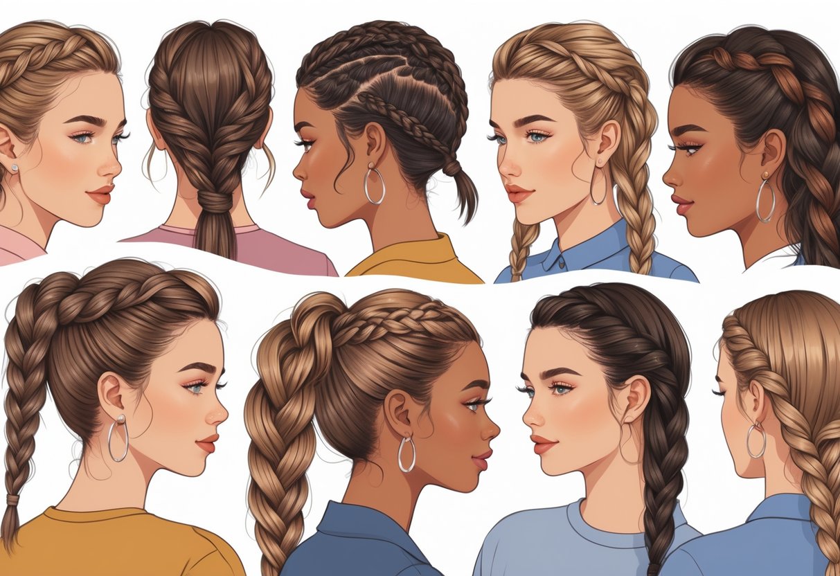 A group of women showing different easy braided hairstyles with neat and simple looks.