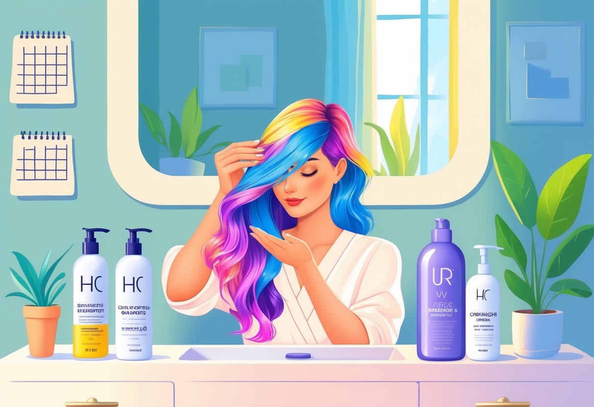 A woman applying hair mask in a bathroom surrounded by hair care products and a calendar on the wall.