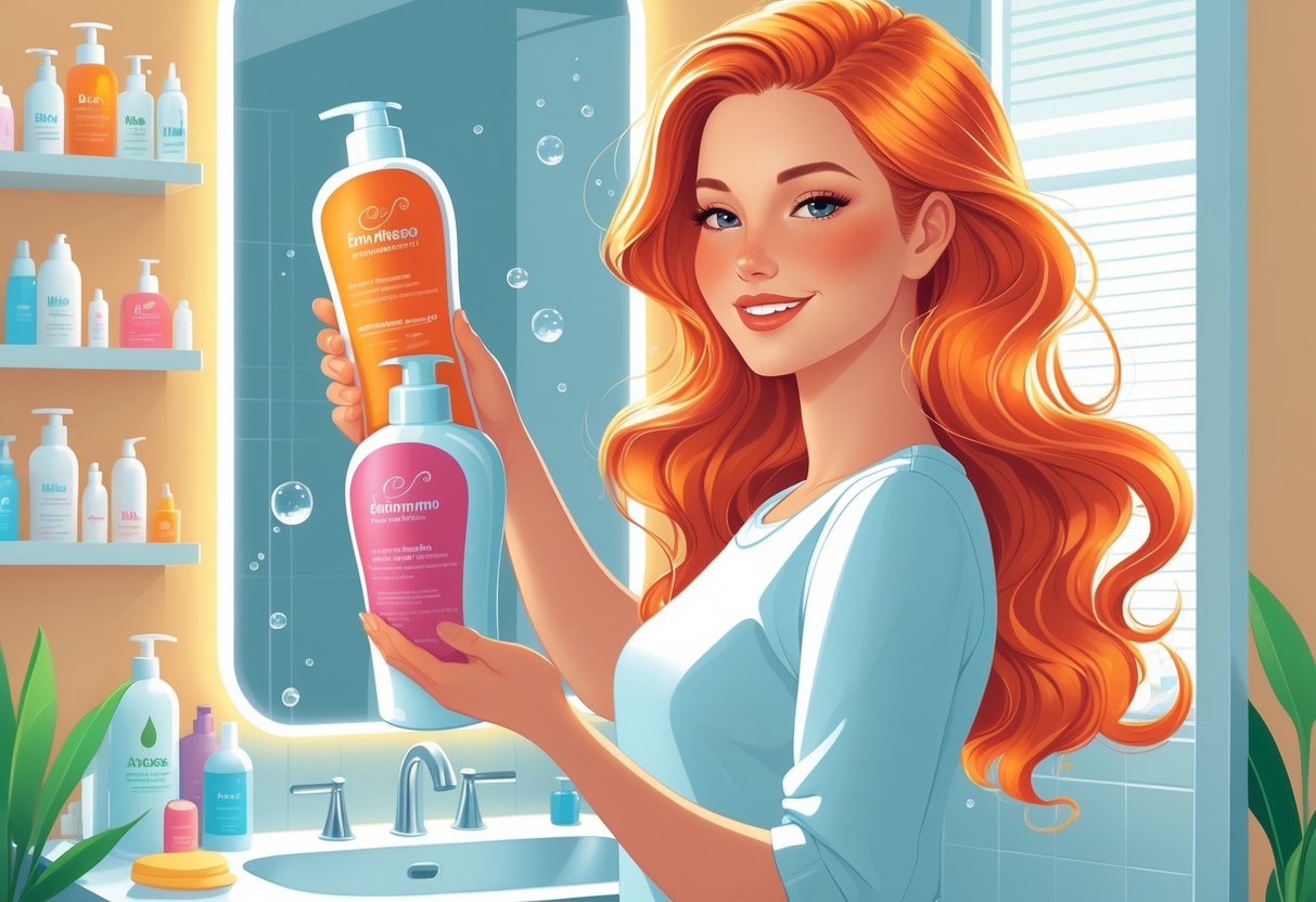 A woman holding shampoo and conditioner bottles in a bathroom with vibrant, shiny hair and hair care products on a shelf behind her.