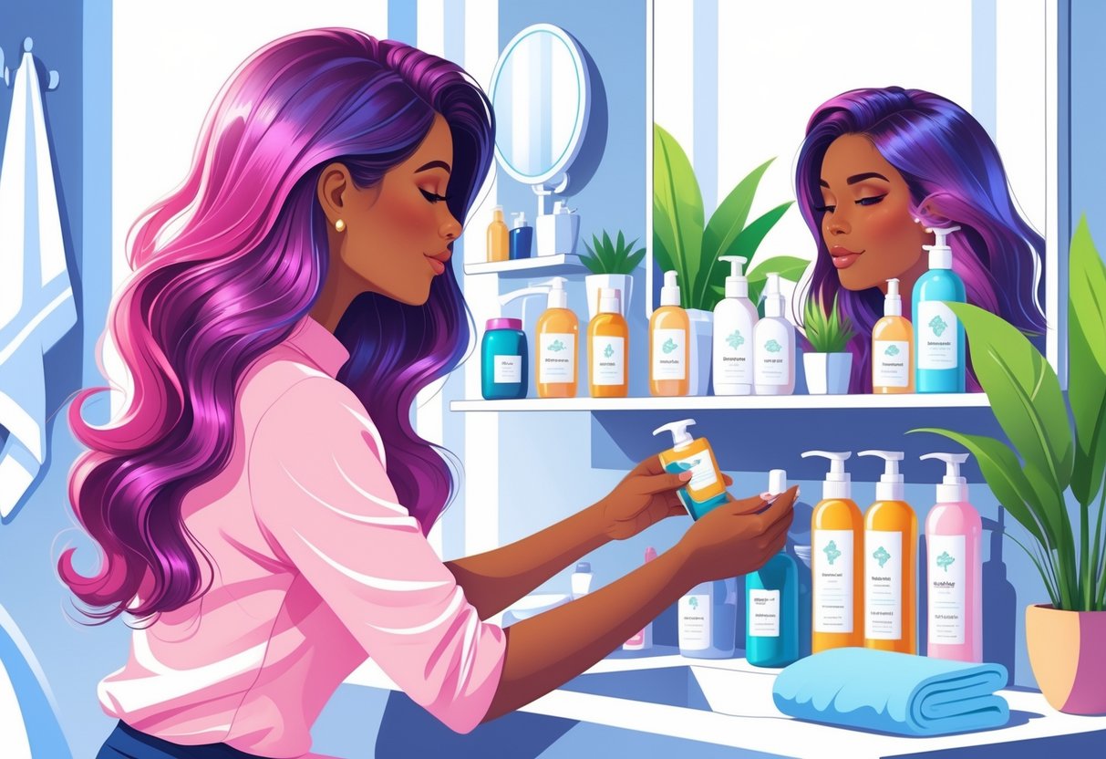 A woman with vibrant hair selecting hair care products in a bright bathroom setting with a mirror and plants.