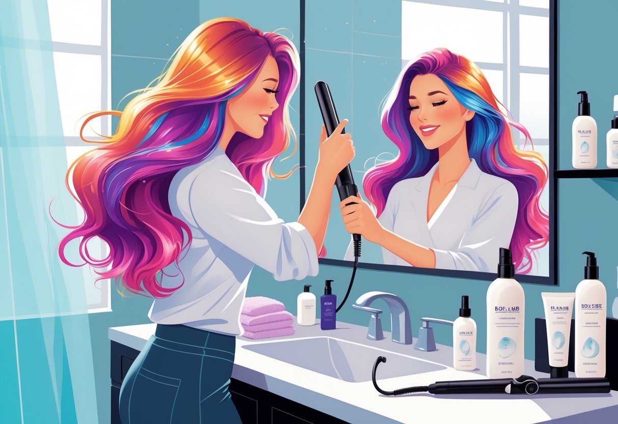 A woman applying heat protectant spray to her vibrant hair before using a flat iron in a bathroom with hair styling tools and hair care products nearby.