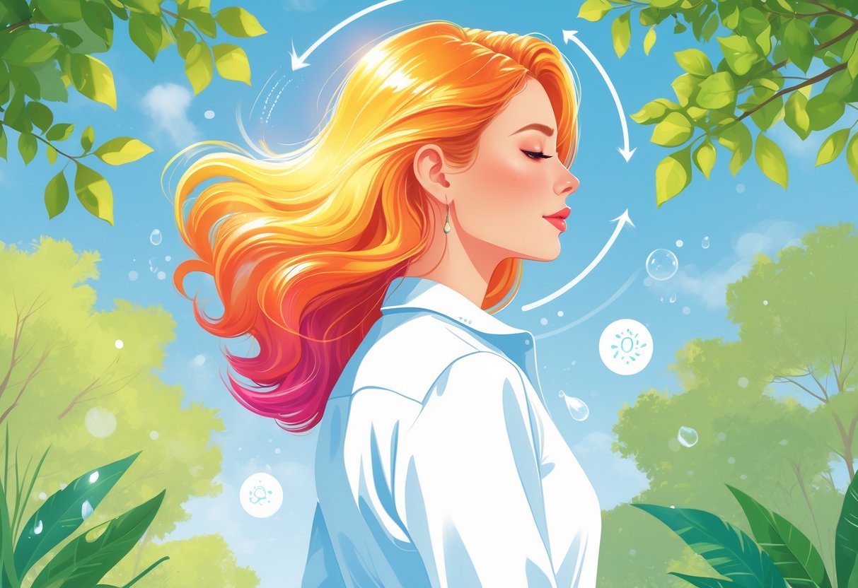 A woman with vibrant, healthy hair stands outdoors with sunlight filtering through leaves, surrounded by subtle symbols of hair protection from environmental damage.