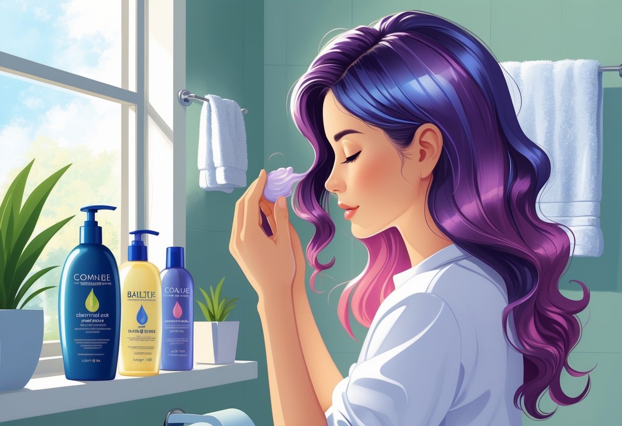 A woman with colorful hair applies a hair mask in a bright bathroom with hair care products on a shelf nearby.