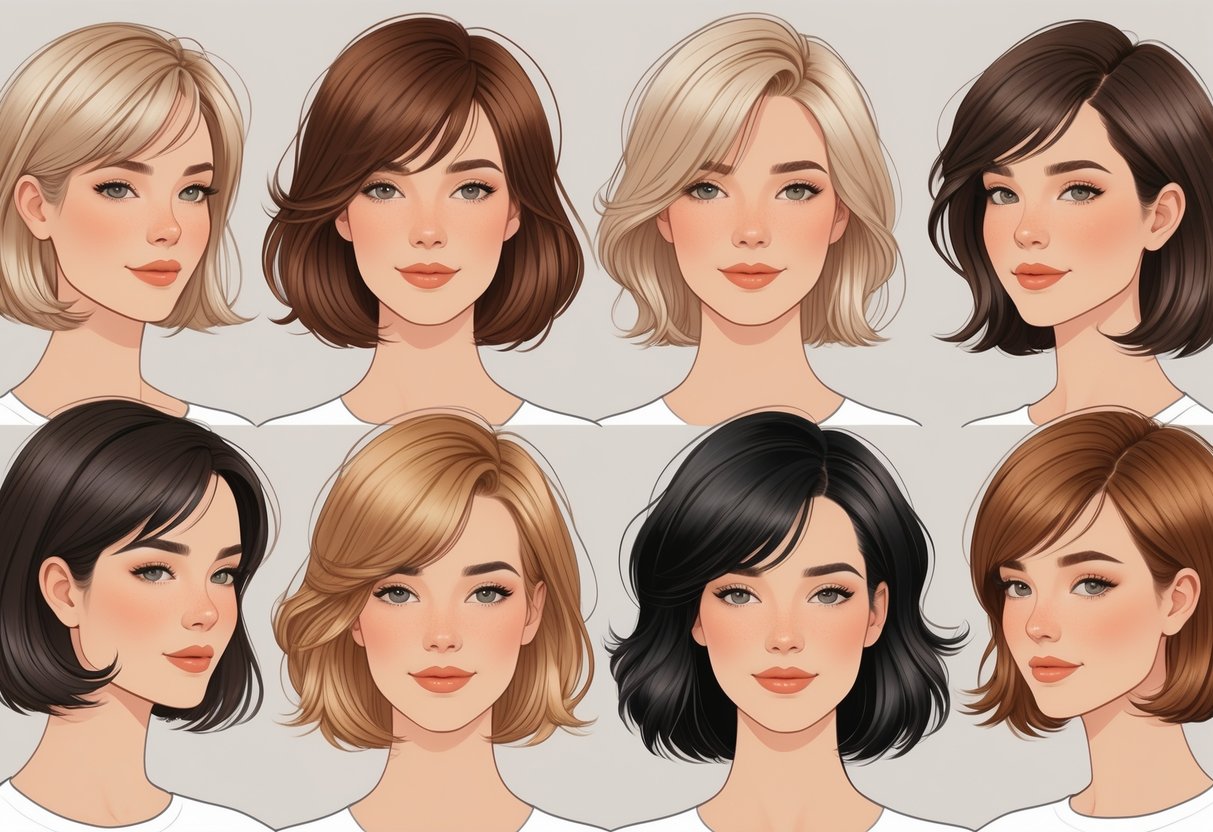 A group of women with different face shapes wearing various face-framing haircuts that enhance their facial features.