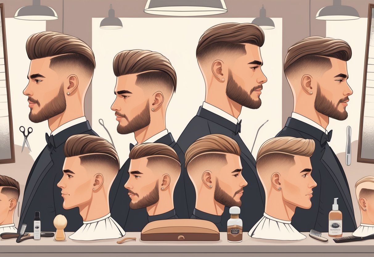 A group of men with various classic hairstyles standing in a barbershop setting.