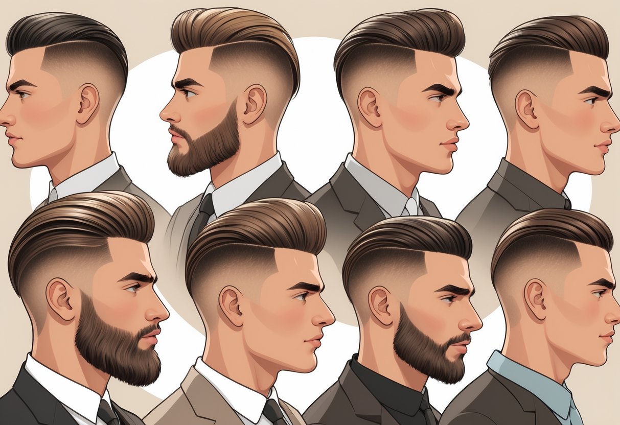 A group of men with different classic hairstyles, including slicked-back, side part, pompadour, crew cut, and taper, shown from various angles.