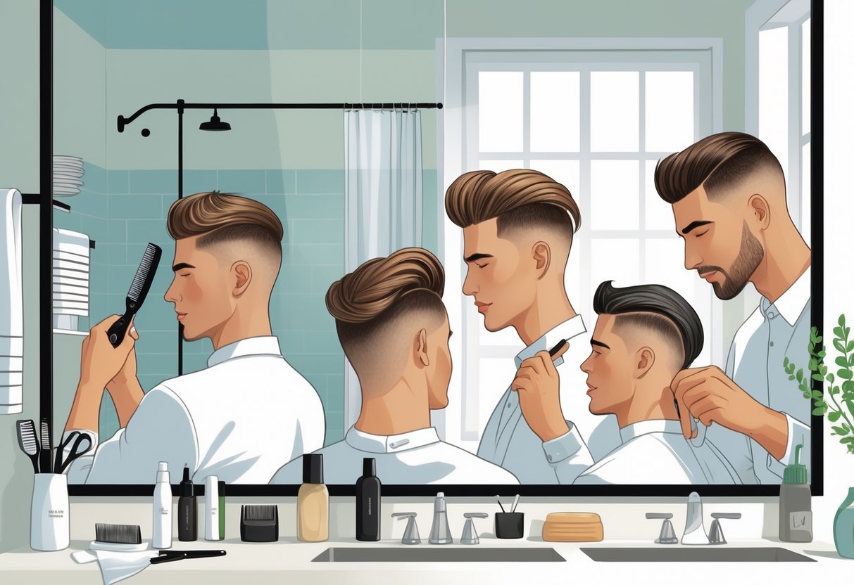 Several men grooming their hair in a bright home bathroom with grooming tools on the counter.