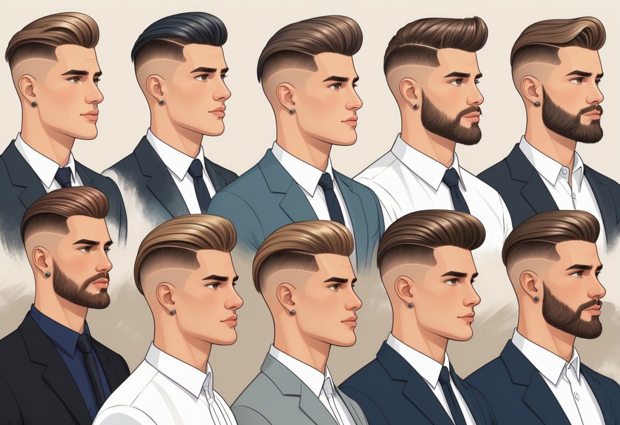 A group of men with different classic hairstyles, wearing stylish clothes, standing together in a simple setting.