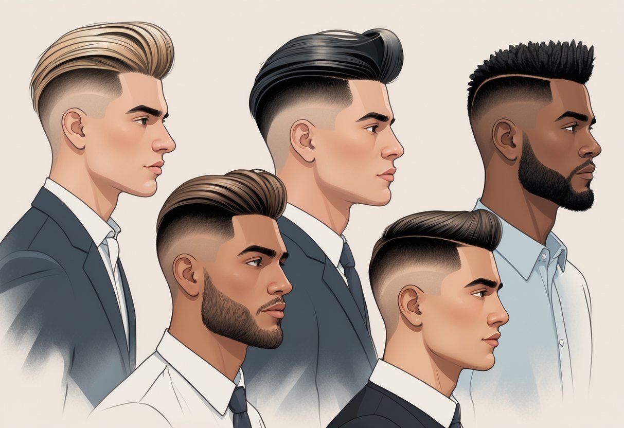 Five men with different classic hairstyles standing together, each showing a distinct timeless haircut.