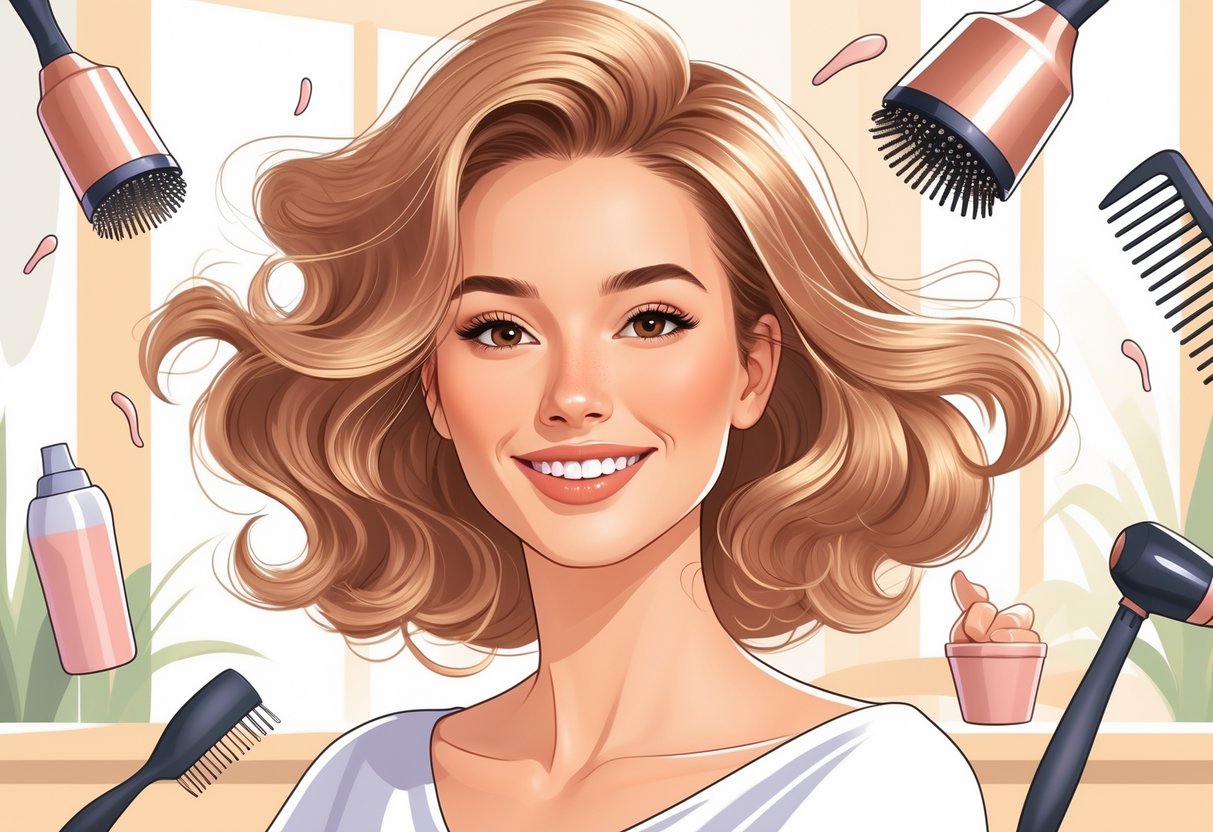 A woman with fine hair styled to look full and textured, smiling in a bright salon with hairstyling tools around her.