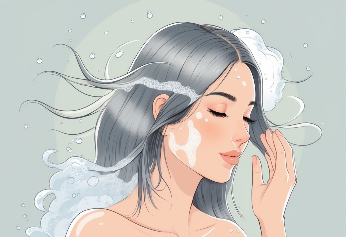A woman with fine hair receiving a gentle cleansing treatment, with visible shampoo foam and subtle waves forming in her hair to show volume and texture.