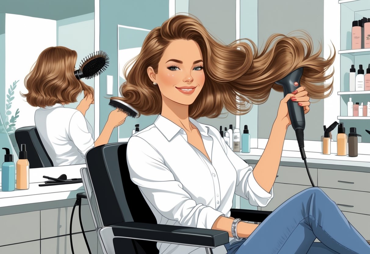 A woman with fine hair getting her hair styled by a professional in a bright salon, showing volume and texture.