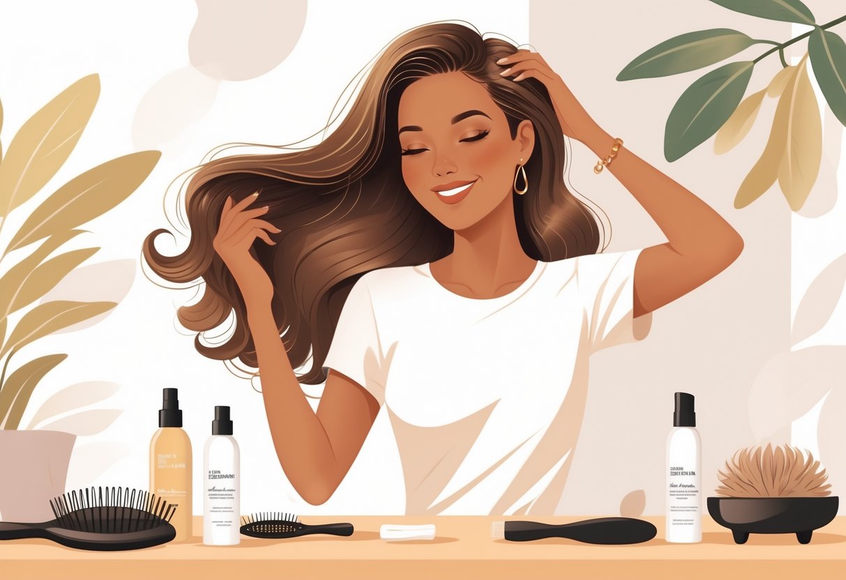 A woman with fine hair styled to show volume and texture, gently touching her hair with hair care tools nearby.