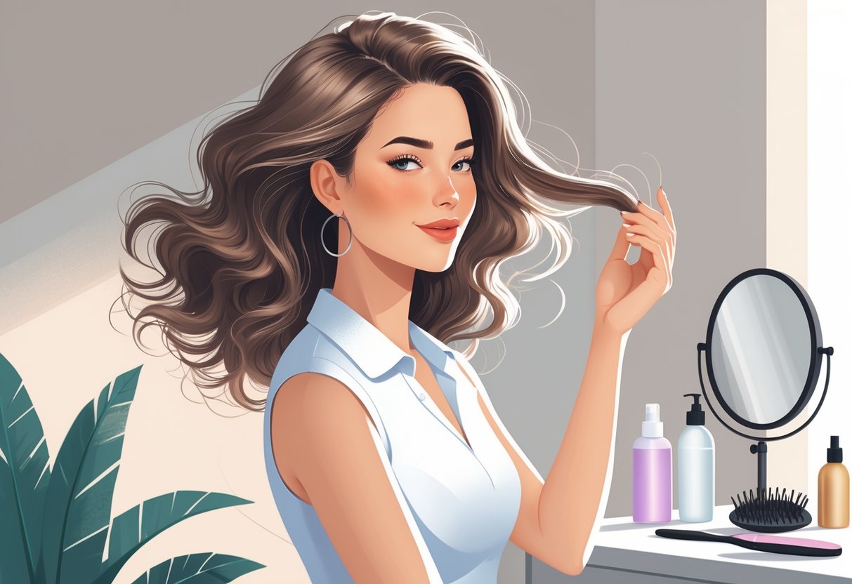 A woman with fine hair styled to look full and textured, gently touching her hair with hairstyling tools nearby.